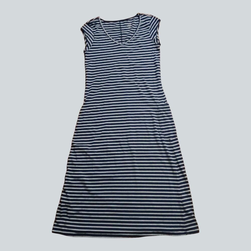 Toad&Co Muse Dress Size M Organic Cotton Midi Navy Blue Striped Pocket